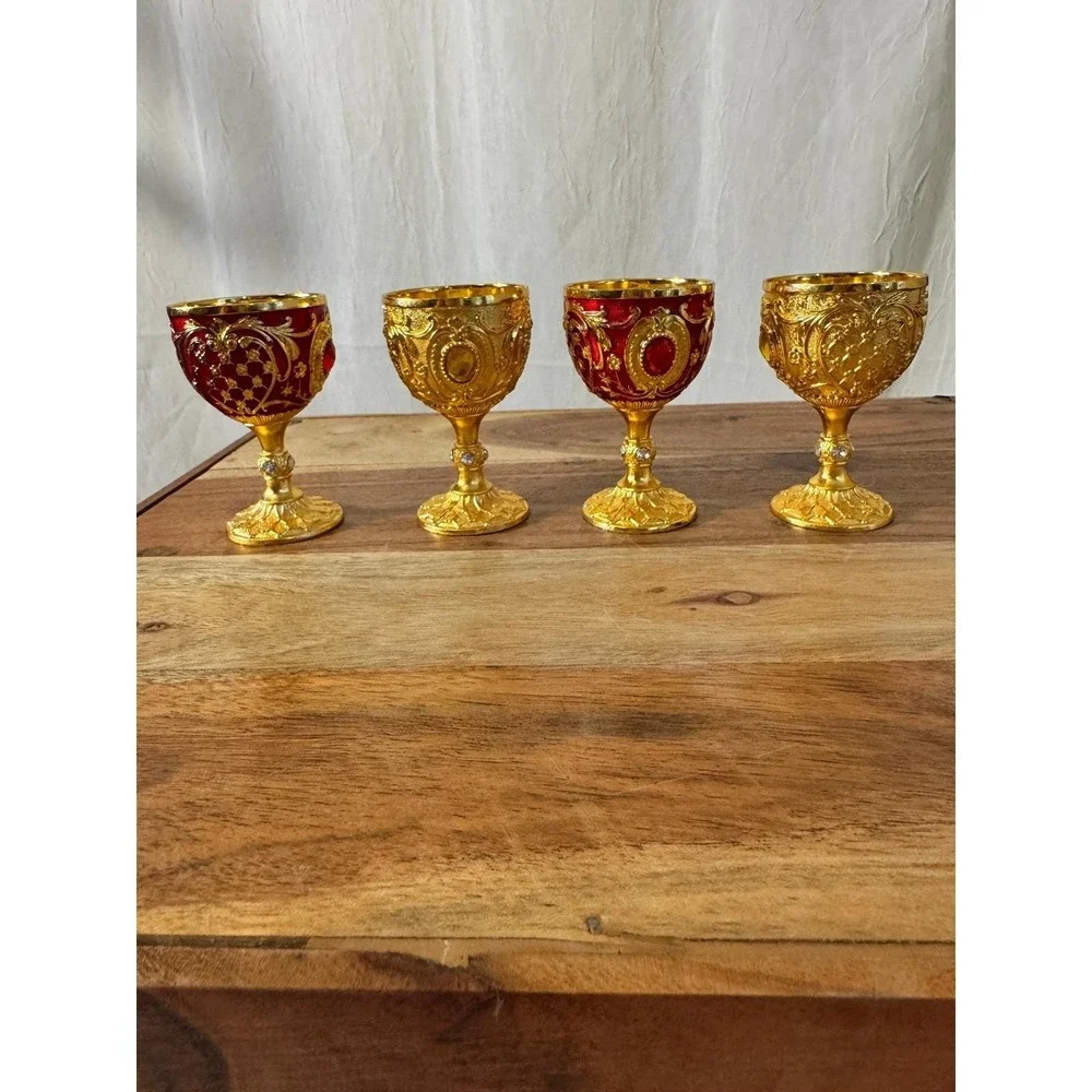 Vintage Ornate Mini Chalice Set 4 Small Gold Red Baroque Filigree Rhinestone 3in